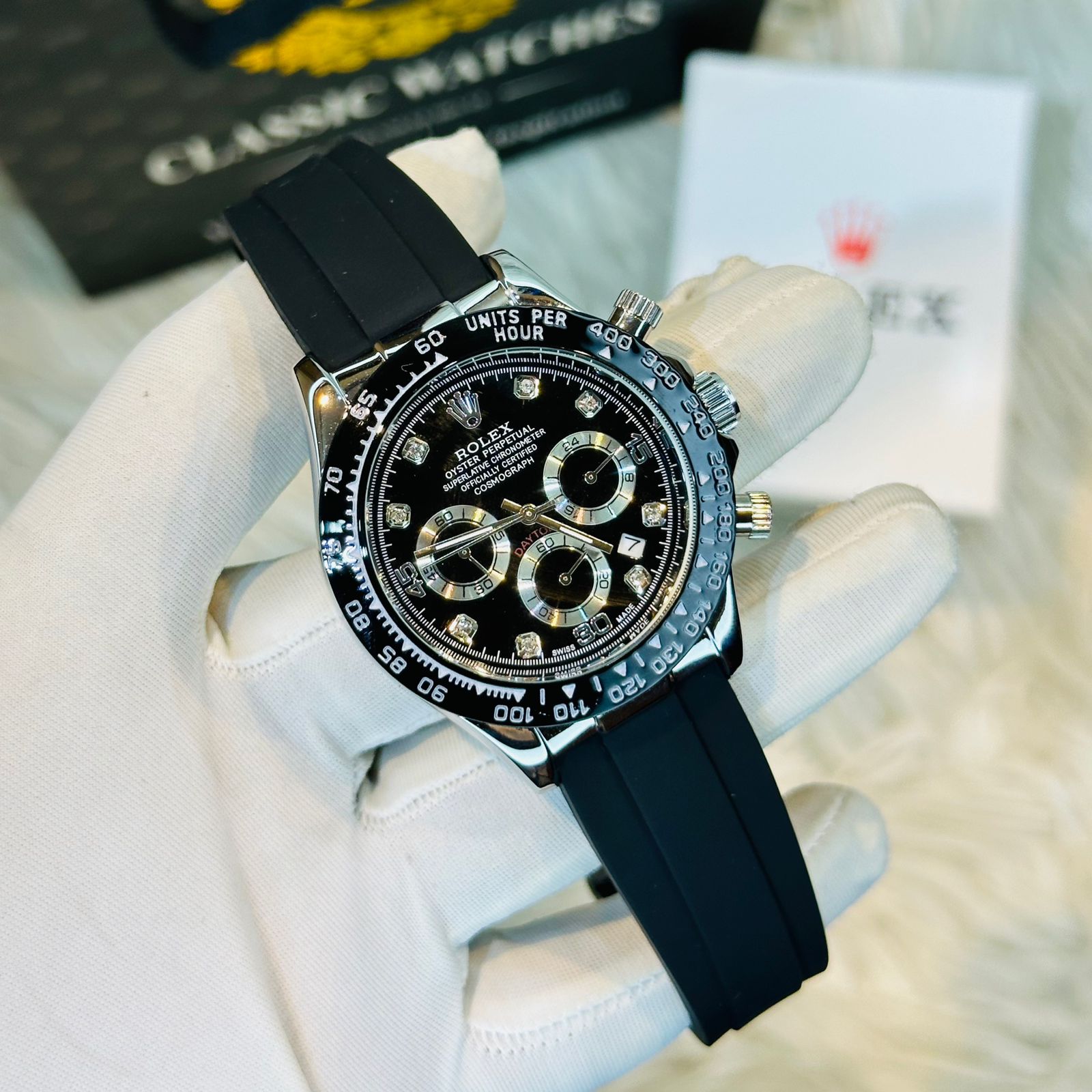 Premium Quality RLX Daytona Belt Silver Black Watches