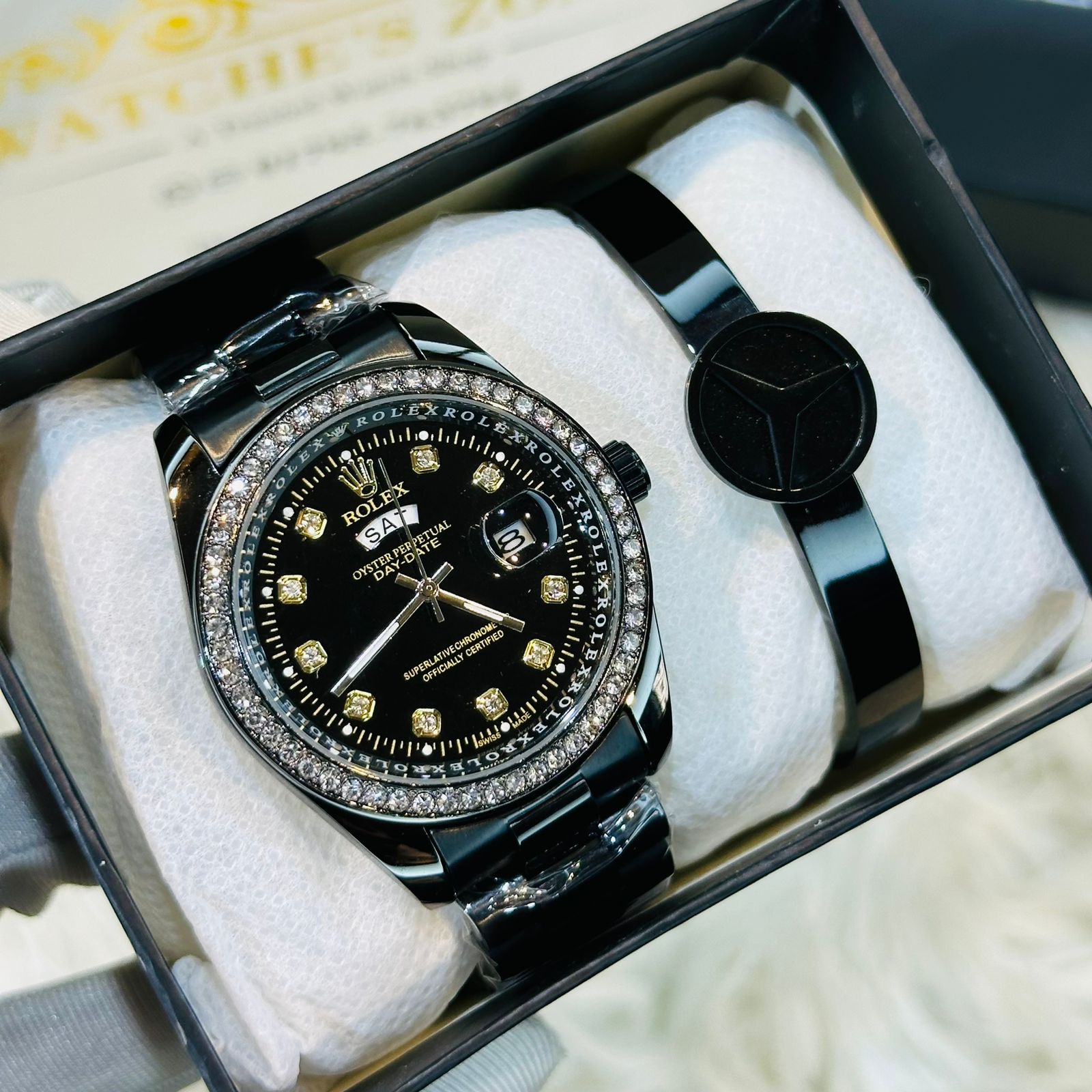 Premium Quality RLX Full Black Stone Watches & Ring Bracelet