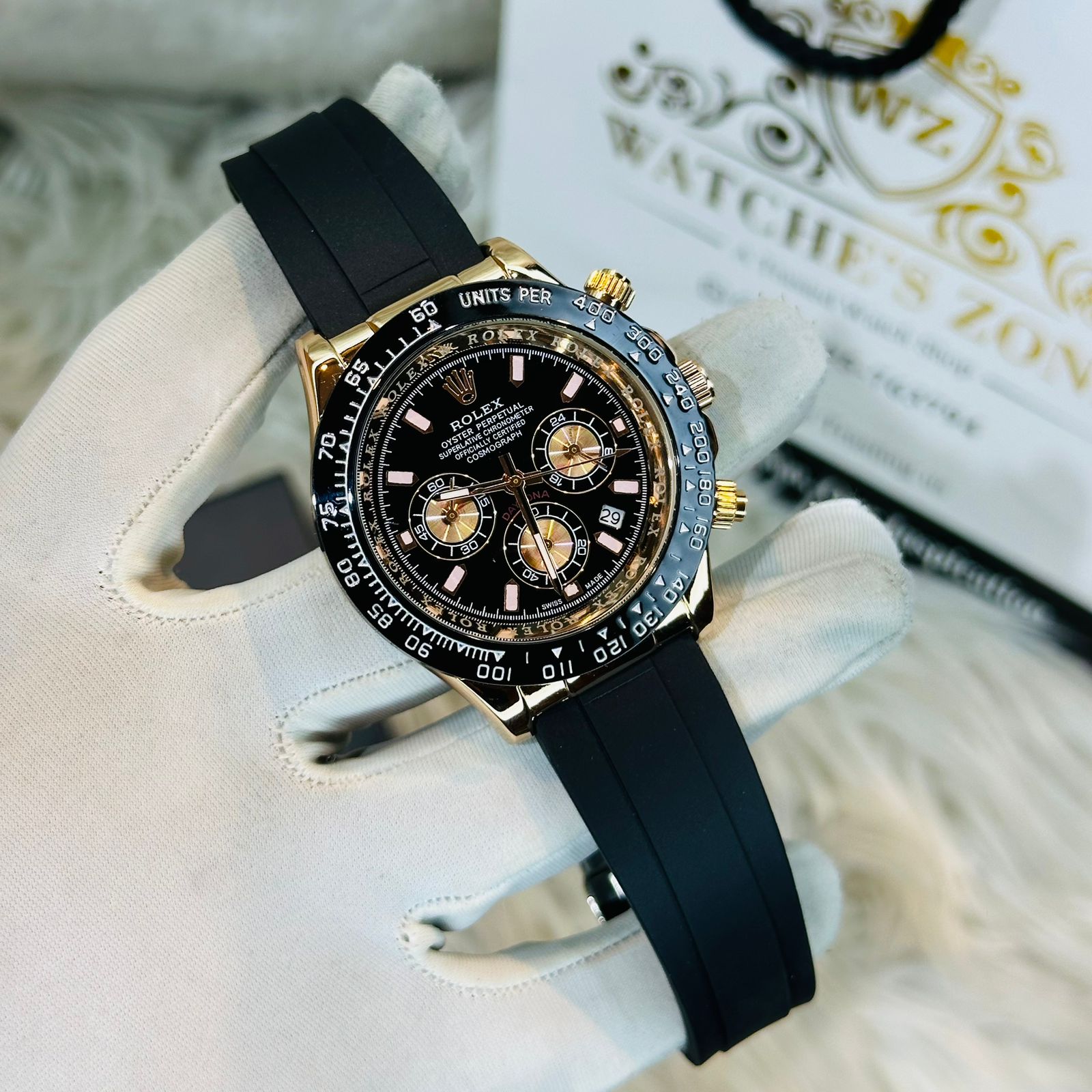 Premium Quality RLX Daytona Rose Gold Black Belt Watches