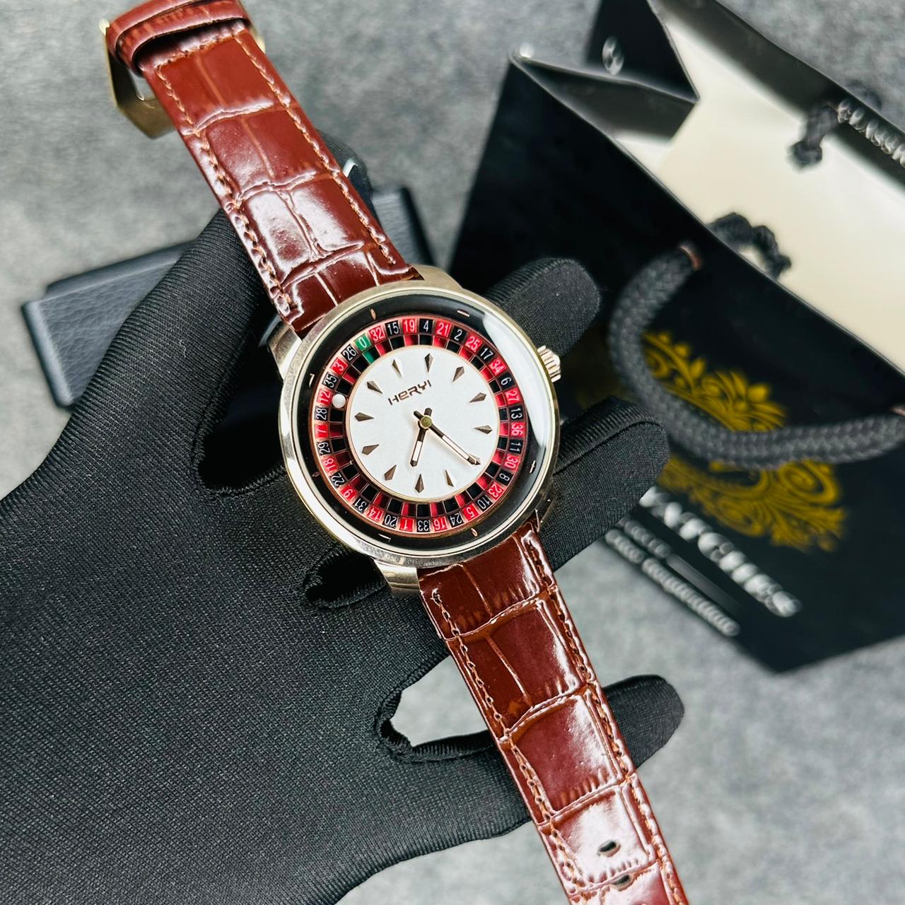 Premium Leather Casino Watch Rose Body Dial Black