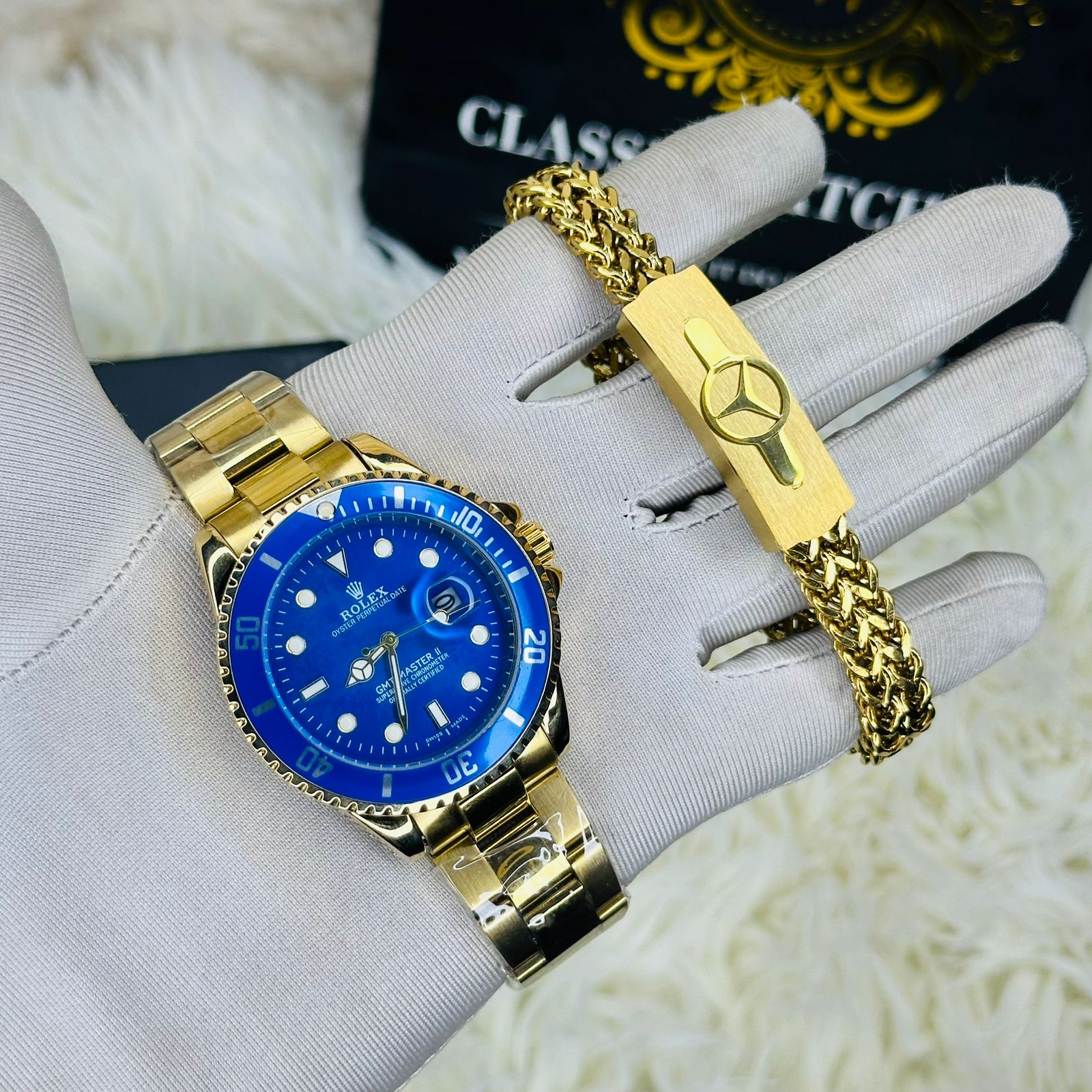 Premiume Quality  Sub Golden Blue Blue RLX Watches & Bracelet Combo