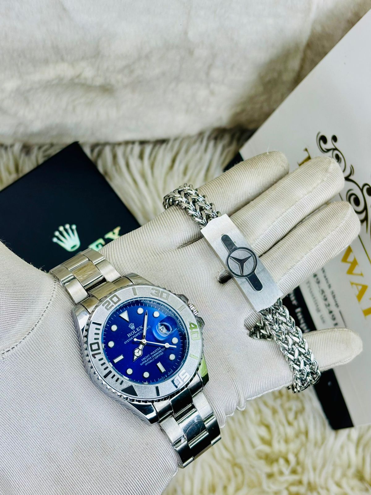 Silveer And Ocean Blue  RLX Yach Submarine Watches & Bracelet Combo
